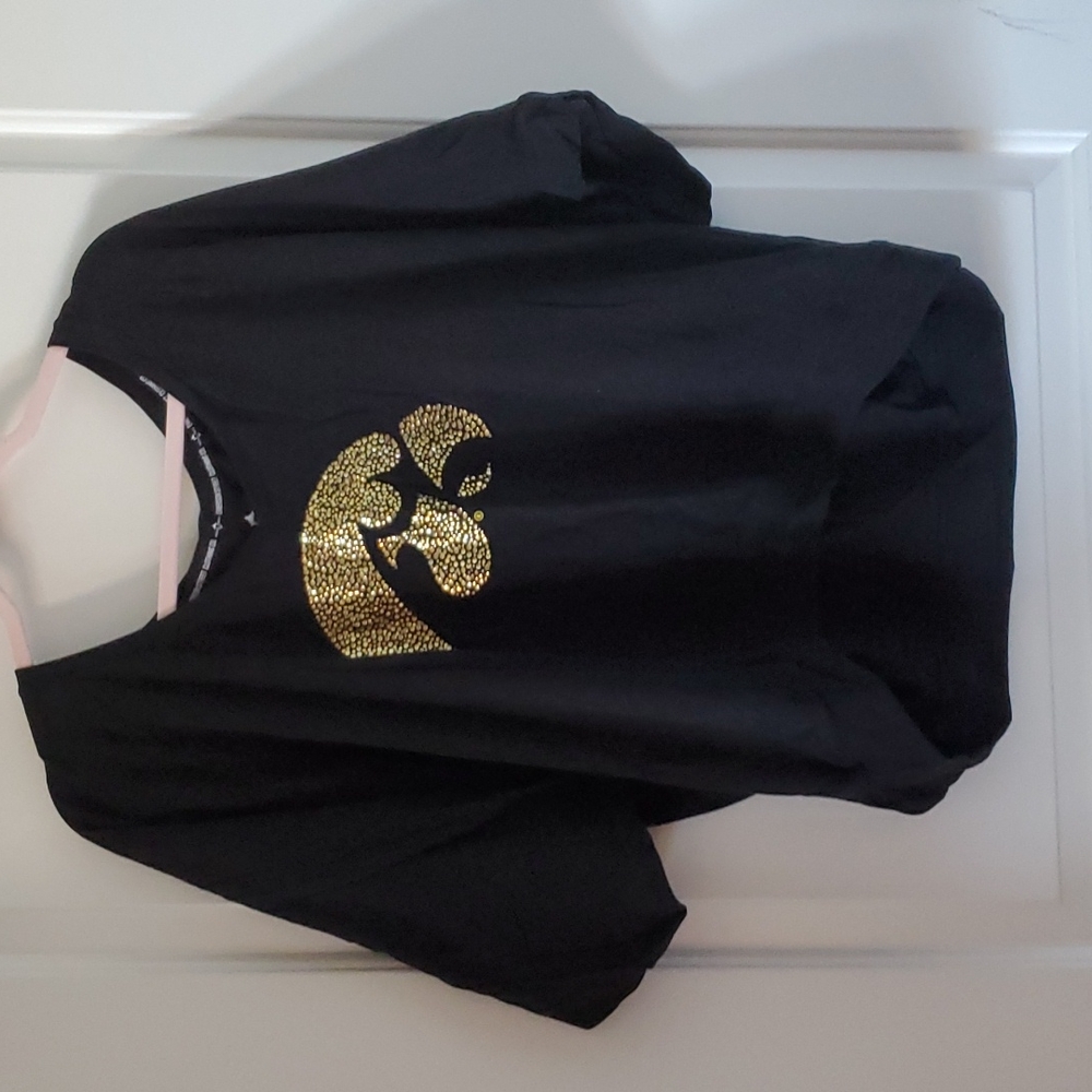 Emerson Street blinged Iowa Hawkeye top. Black and gold,  size XL. High/low hem